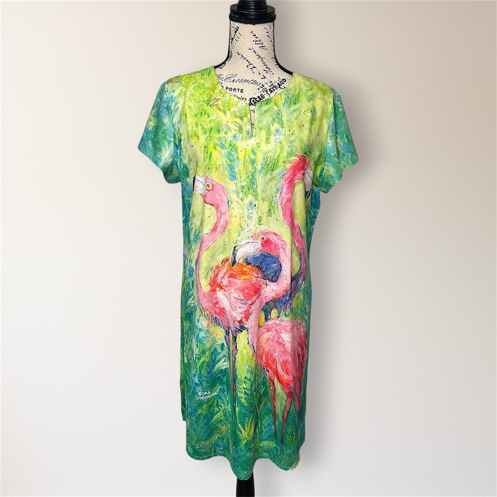 Leoma Lovegrove‎ Flamingo Rhinestone Shift Dress L Green Pink Tropical Travel